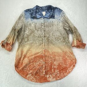 Chicos Shirt Womens 2 (Large) Oversized Ombre Tile Sheri button‎ up roll tab